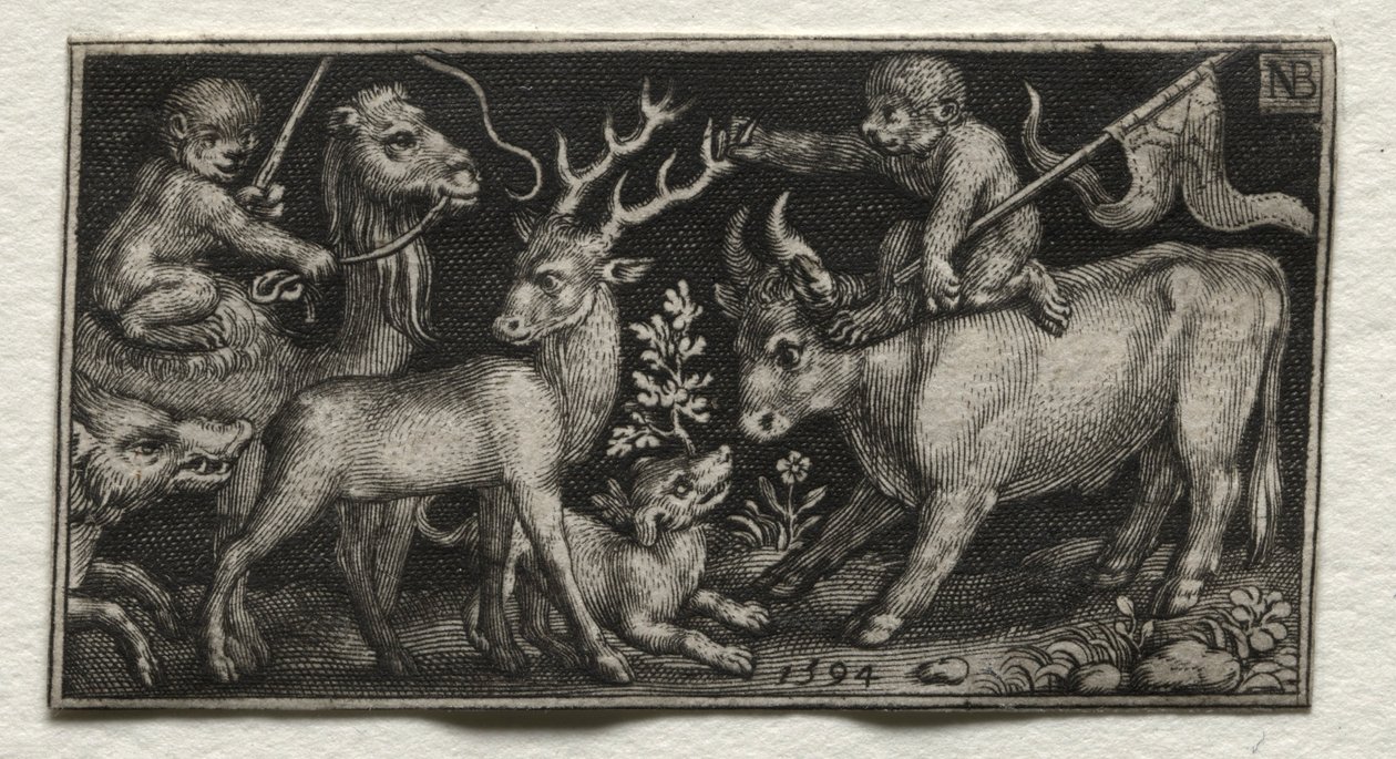 Singes chevauchant un chameau et un taureau, 1594 - Nicolaes de Bruyn