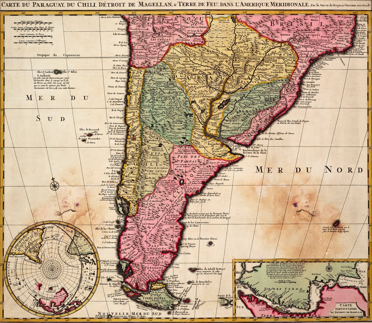 Carte du Paraguay, du Chili, du détroit de Magellan et de la Terre de Feu en Amérique du Sud, c.1720 (gravure en couleur) - Nicolaes the Younger Visscher