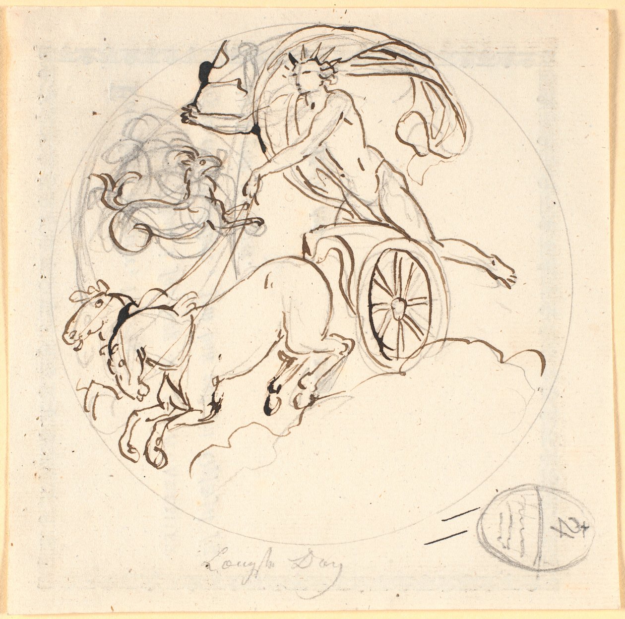 Apollon conduisant son char solaire vers le bas; en haut le signe du Capricorne encadré par un cercle. Le motif représente le jour le plus long - Nicolai Abildgaard