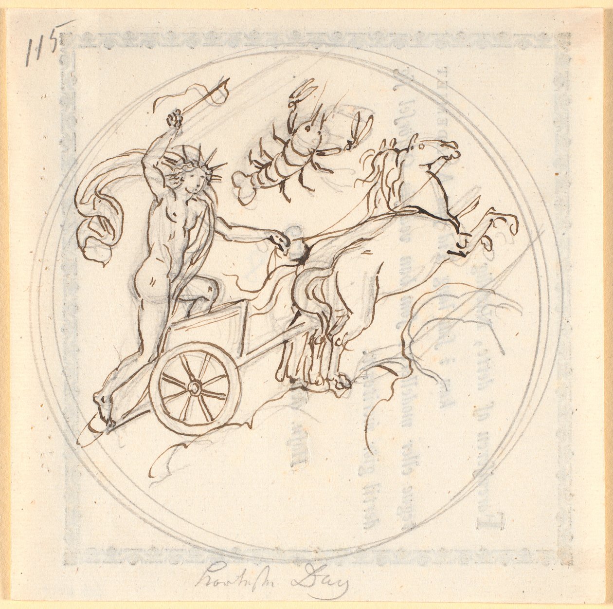 Apollon conduisant son char solaire vers le haut; en haut le signe du Cancer; encadré en cercle; représentant le jour le plus court - Nicolai Abildgaard