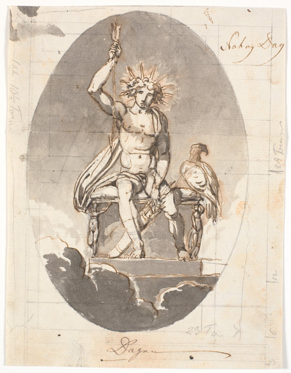 Jour, homme assis avec une auréole rayonnante et des flèches - Nicolai Abildgaard