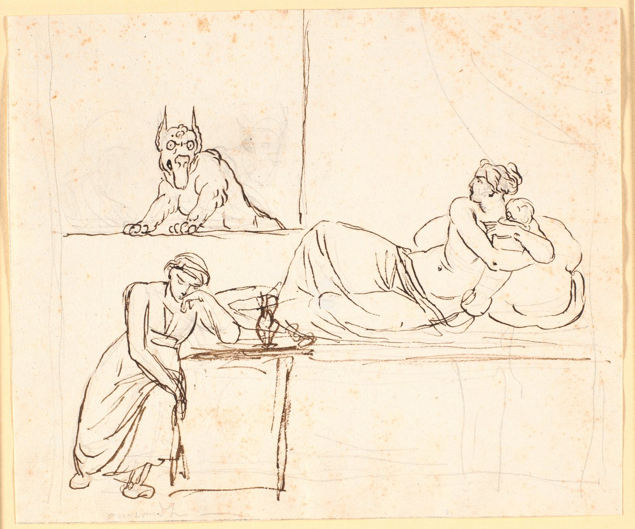 Une femme allongée avec un nourrisson sur un lit, voit un monstre apparaître à la fenêtre. Au pied du lit, une femme endormie est assise - Nicolai Abildgaard