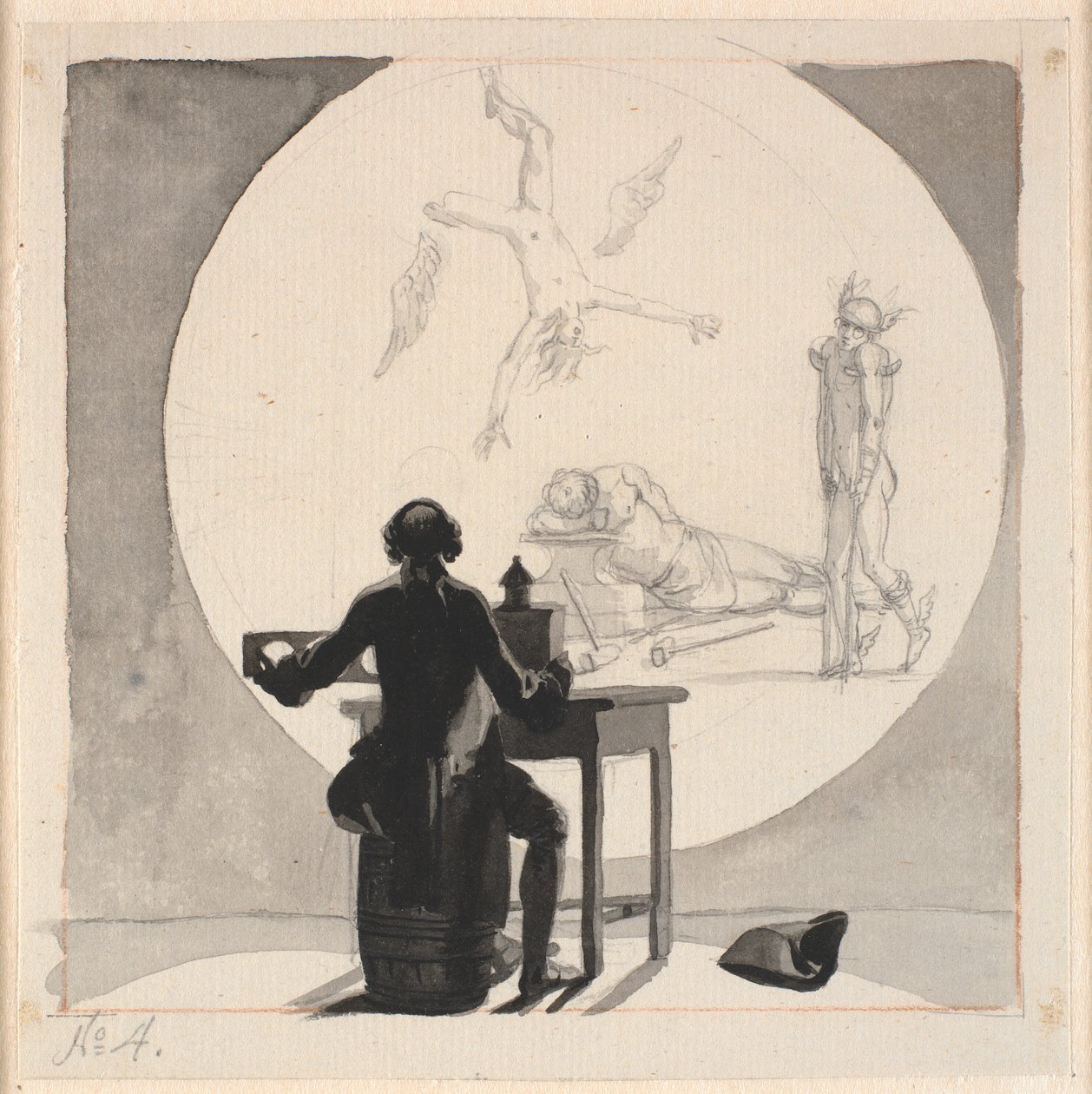 Un homme avec une lanterne magique montre une image du déclin du commerce et de l