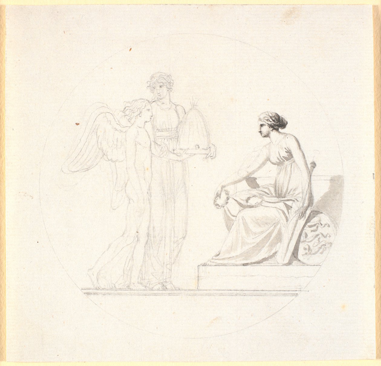 Une jeune femme avec une ruche conduit un jeune homme ailé vers une figure féminine assise - Nicolai Abildgaard