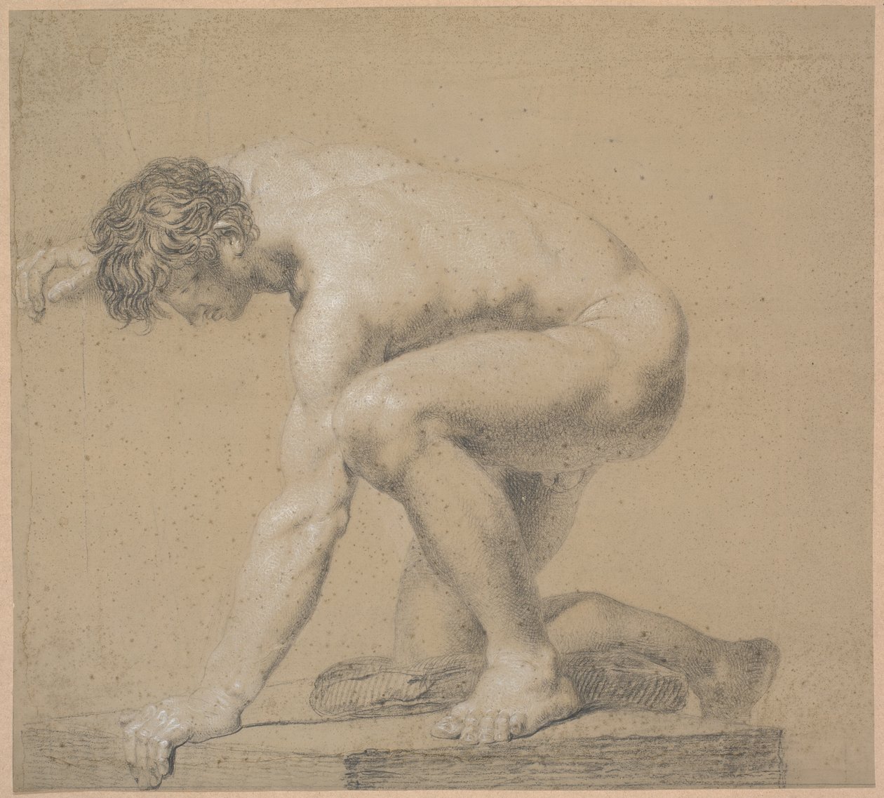 Modèle à demi-agenouillé. Genou droit appuyé sur un coussin. Bras droit levé derrière la tête. Bras gauche appuyé - Nicolai Abildgaard