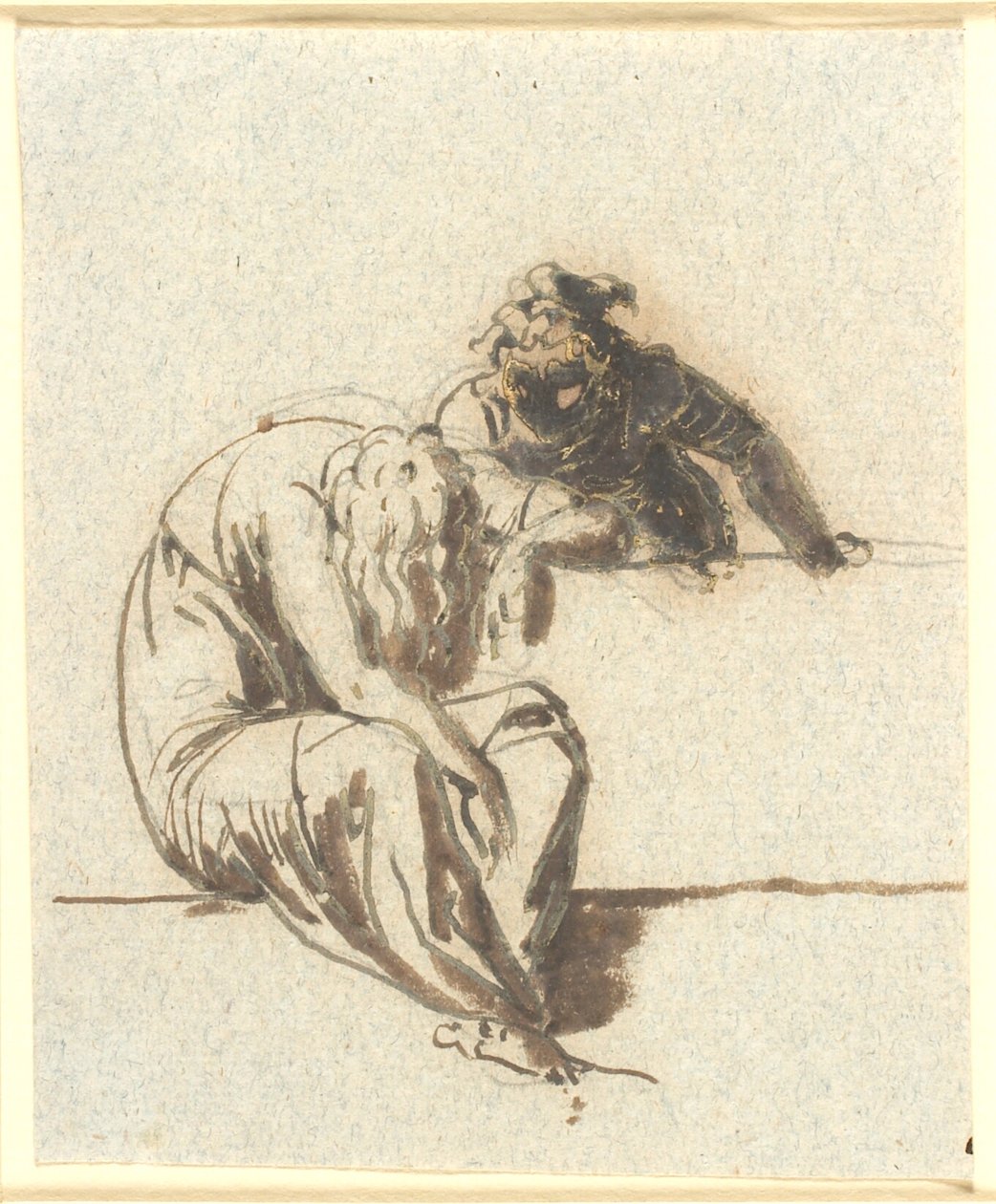 Au premier plan une figure féminine assise et courbée, derrière un parapet une autre se penche vers elle - Nicolai Abildgaard