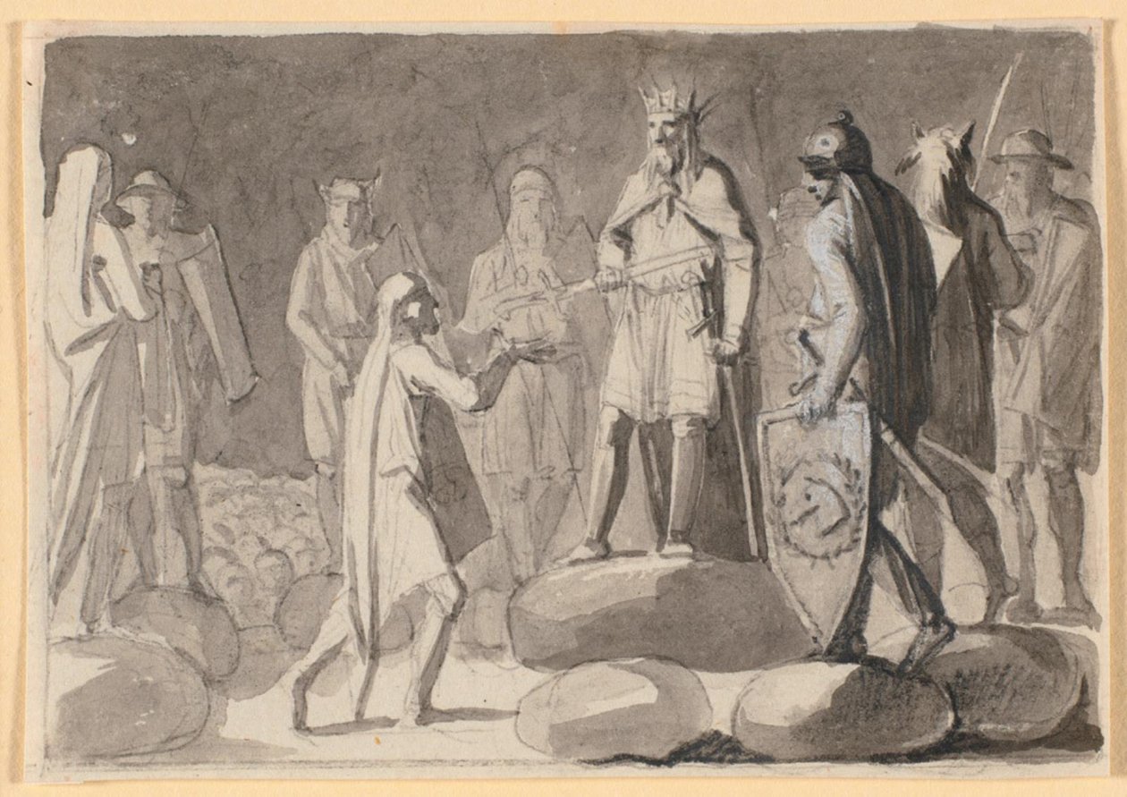 Esquisse de composition ; un roi entouré de guerriers sur un ting, donnant une épée de chevalier à un homme - Nicolai Abildgaard