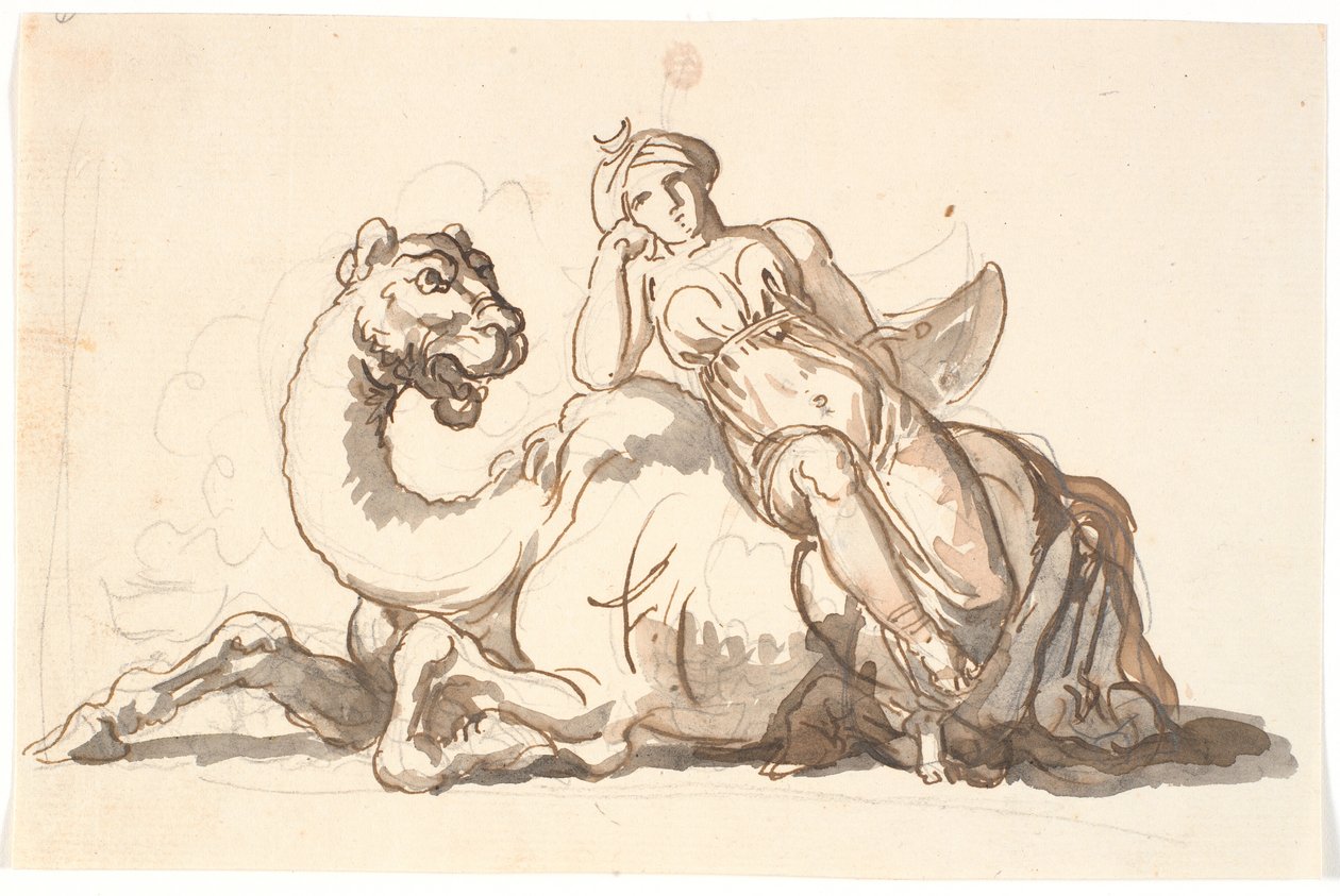 Figure féminine avec turban et croissant de lune, assise appuyée contre un chameau fantastique. Allégorie de l