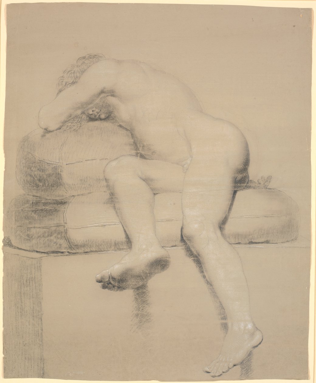 Modèle masculin allongé, vu en raccourci depuis les pieds - Nicolai Abildgaard