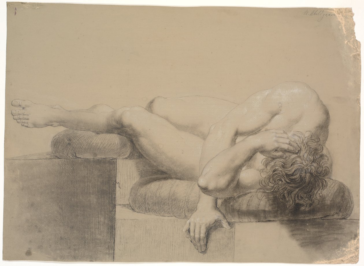 Modèle allongé. Vers la gauche. Tête et torse reposant sur un coussin, jambes levées et jambe gauche reposant sur un autre coussin - Nicolai Abildgaard