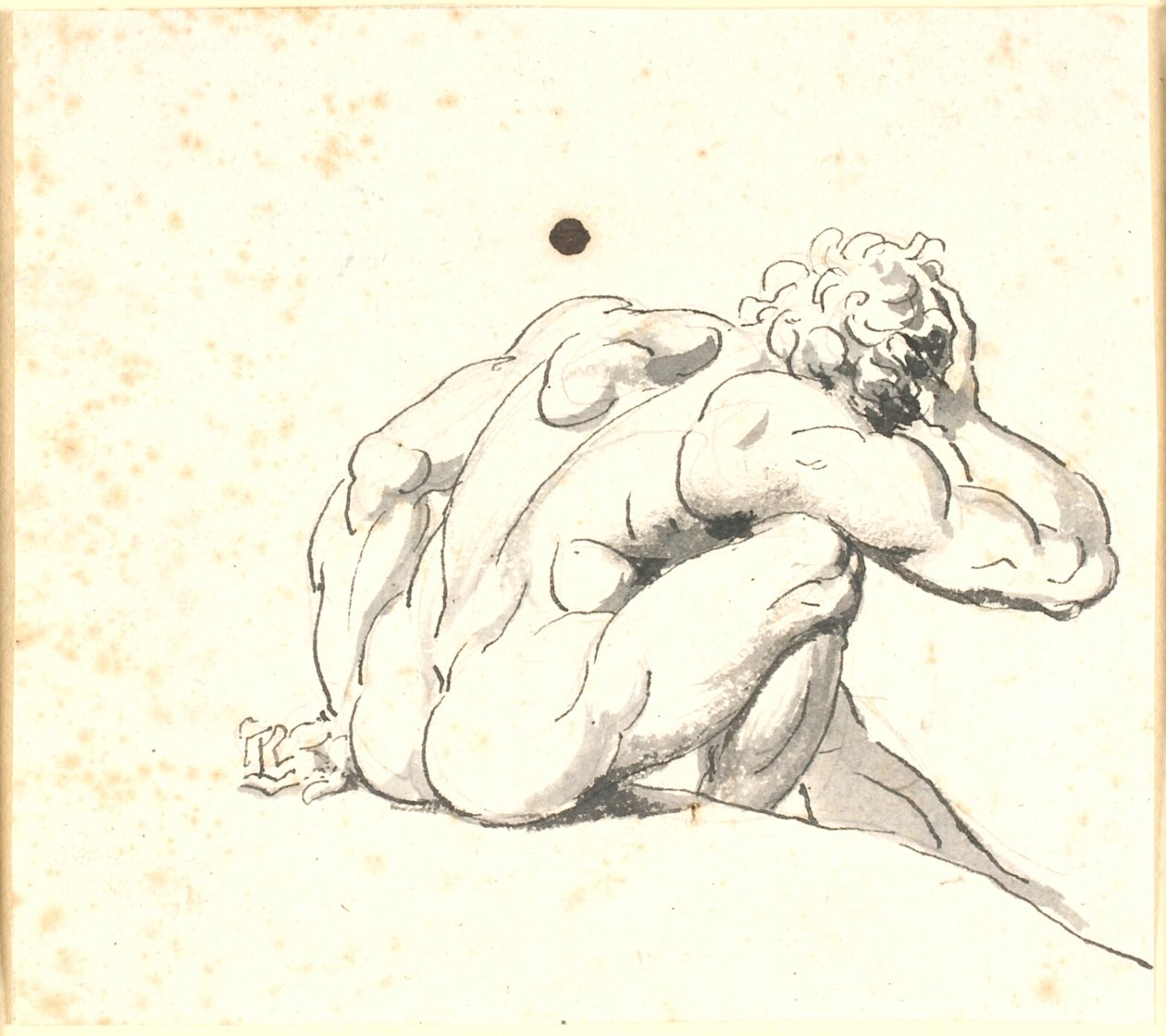 Homme assis penché en avant, vu de dos avec la main droite à la tête - Nicolai Abildgaard