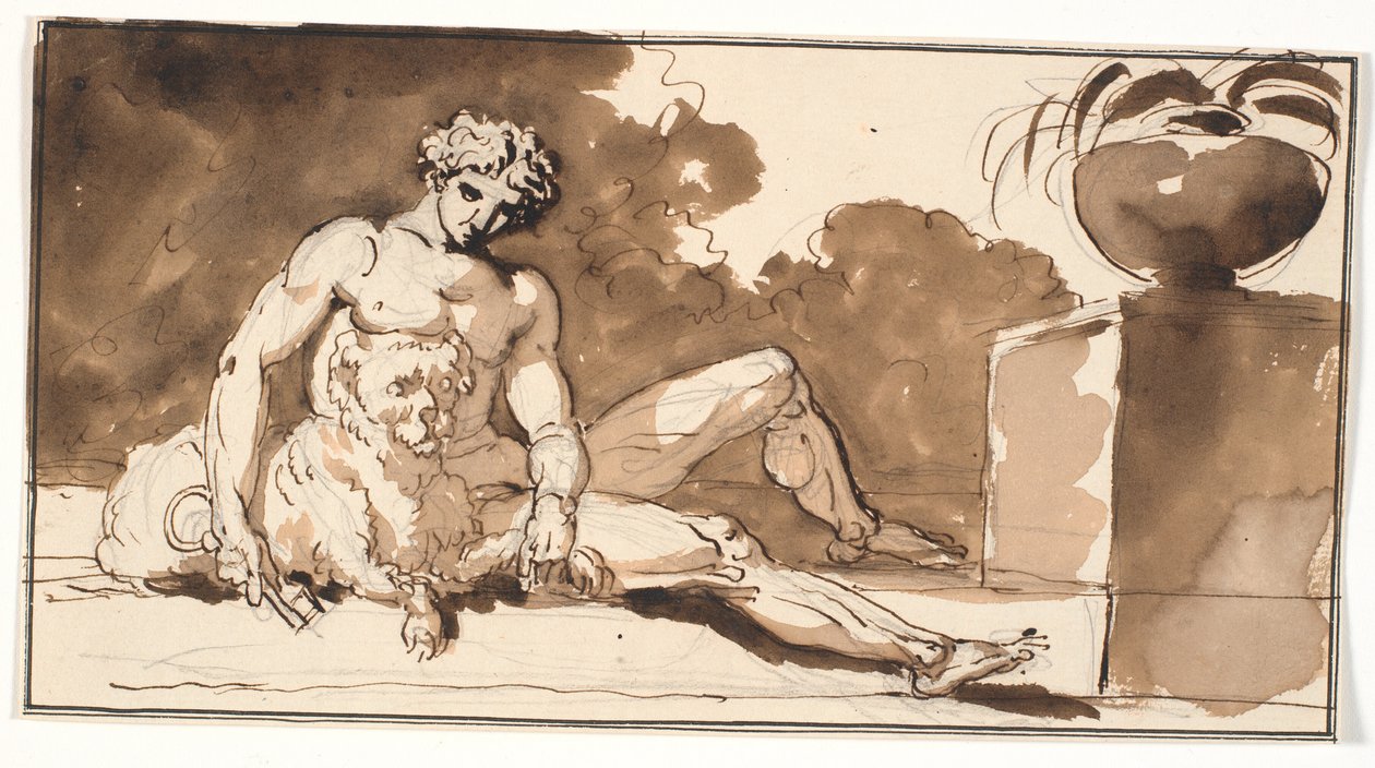 Homme nu assis avec une clé à la main, un caniche et à droite une agave - Nicolai Abildgaard