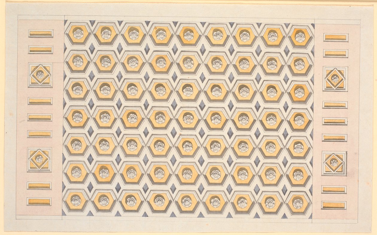 Esquisse pour un plafond avec des caissons hexagonaux et des rosettes en jaune et violet - Nicolai Abildgaard