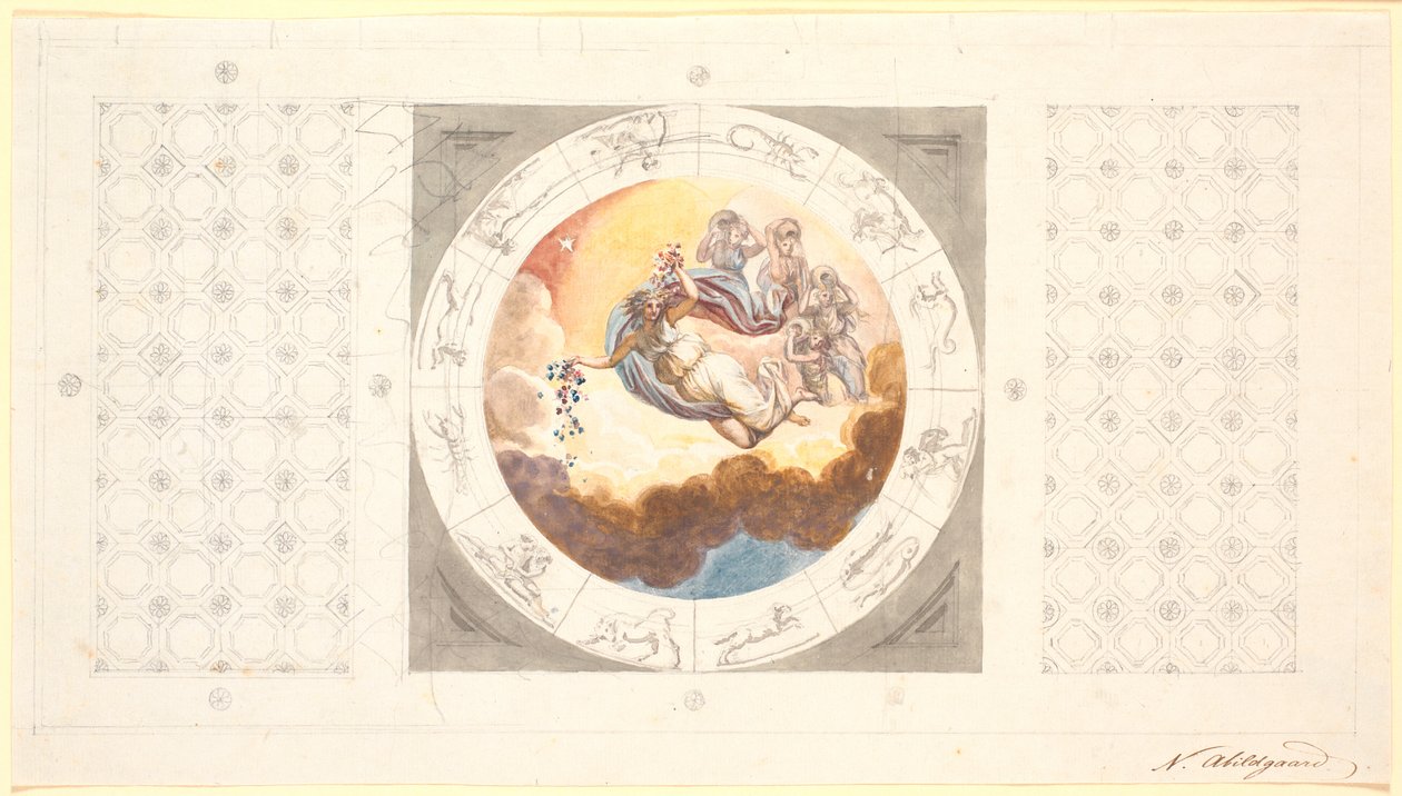 Esquisse pour une décoration de plafond avec caissons et au centre une image circulaire avec le matin répandant des fleurs - Nicolai Abildgaard