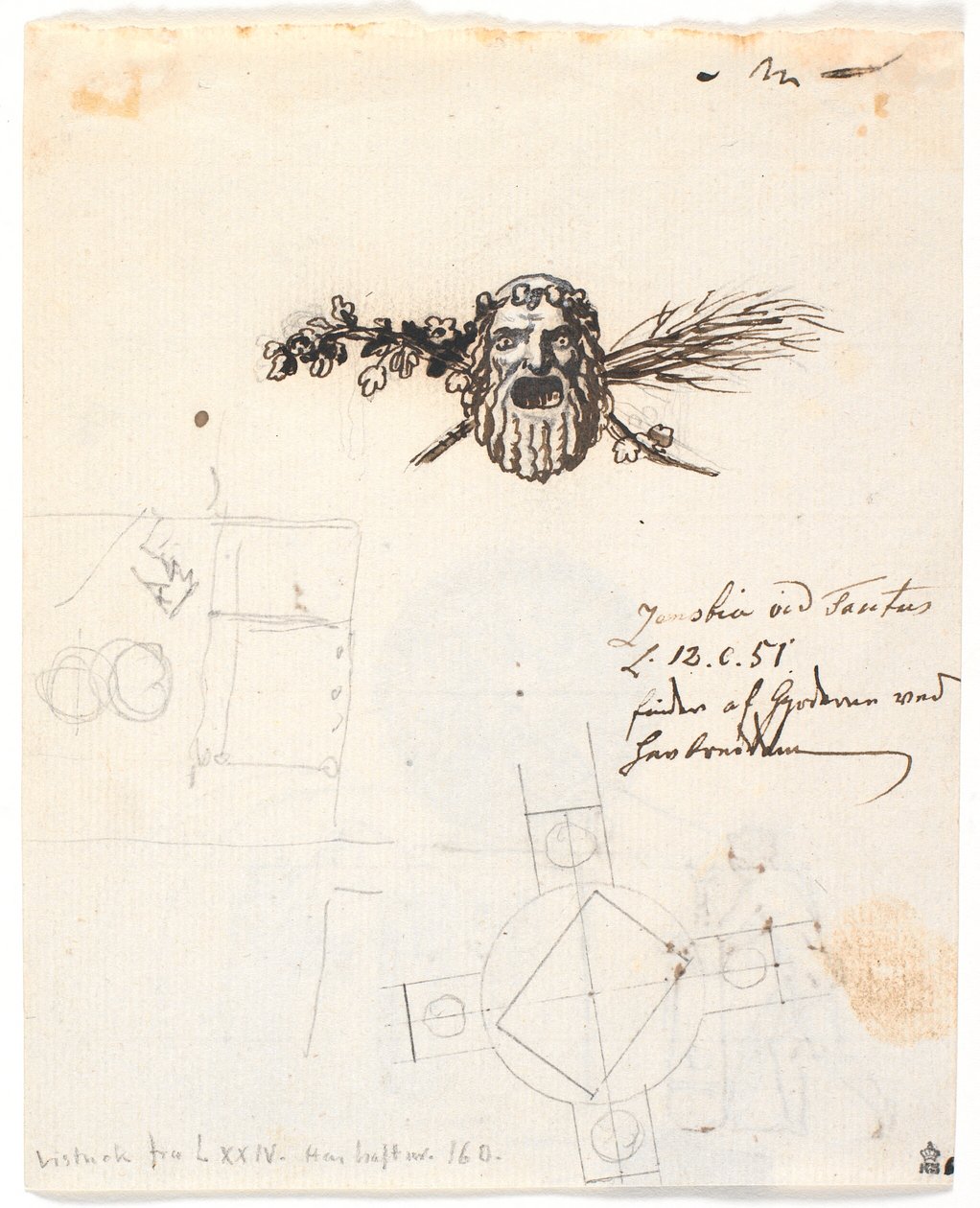 Esquisse de sceau pour le corps des mines de Røros, avec quelques petites esquisses de figures - Nicolai Abildgaard