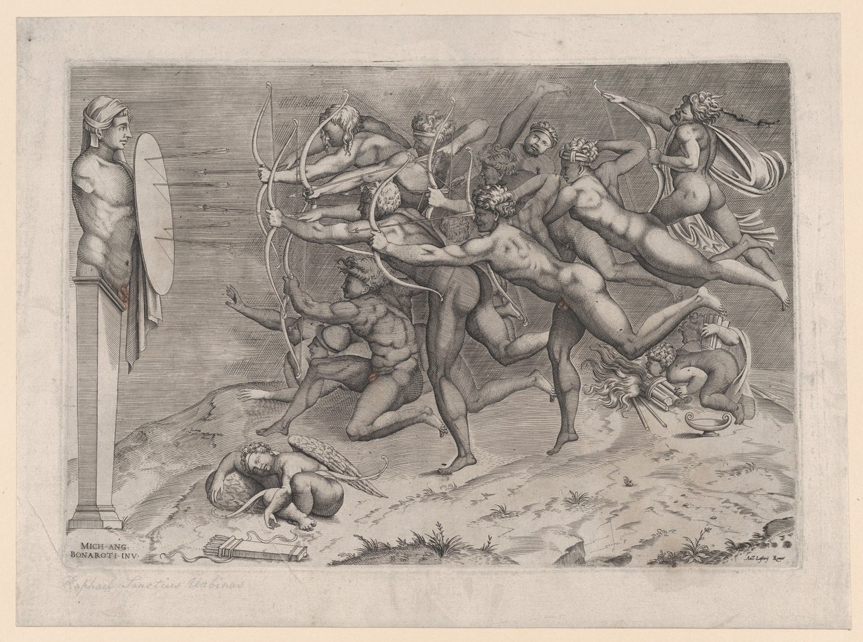 Archers nus tirant sur une cible attachée à un hermès, Cupidon dormant en dessous - Nicolas Beatrizet