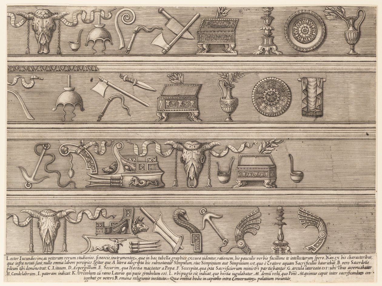 Speculum Romanae Magnificentiae: Instruments sacrificiels basés sur des reliefs anciens - Nicolas Beatrizet.
