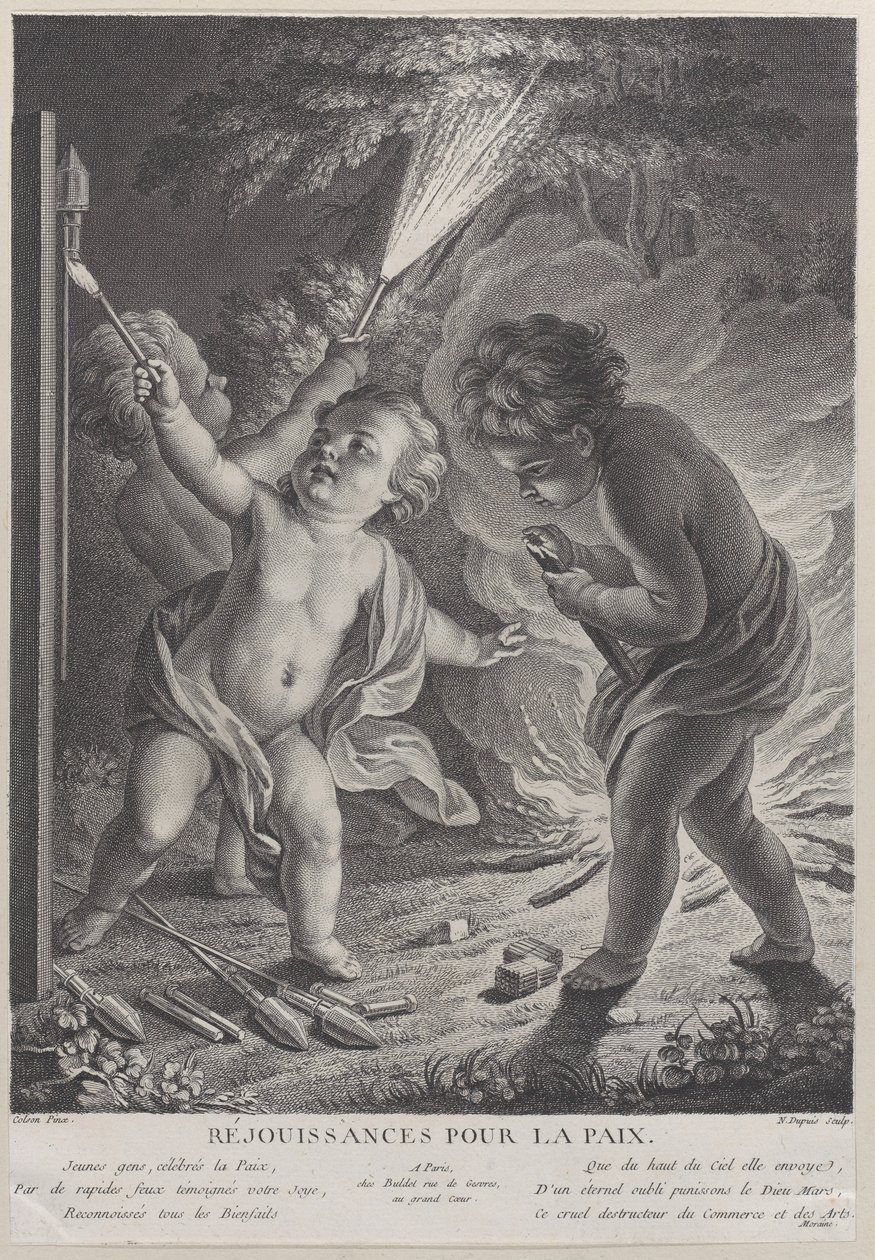 Célébration de la paix, trois putti avec des feux d