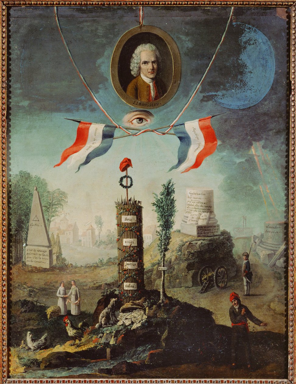 Allégorie de la Révolution française avec un portrait de Jean-Jacques Rousseau et un bonnet phrygien jacobin ... - Nicolas Henri Jeaurat de Bertry