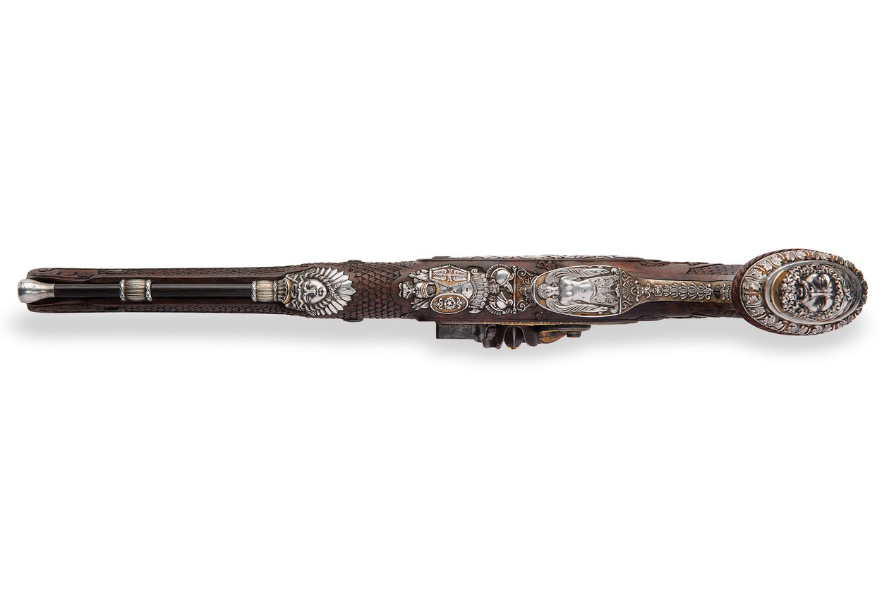 Une des deux pistolets à silex rayés montés en argent, Versailles, 1825 - Nicolas Noel Boutet