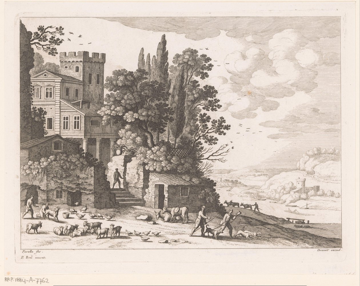 Paysage avec maison, personnages et bétail - Nicolas Perelle