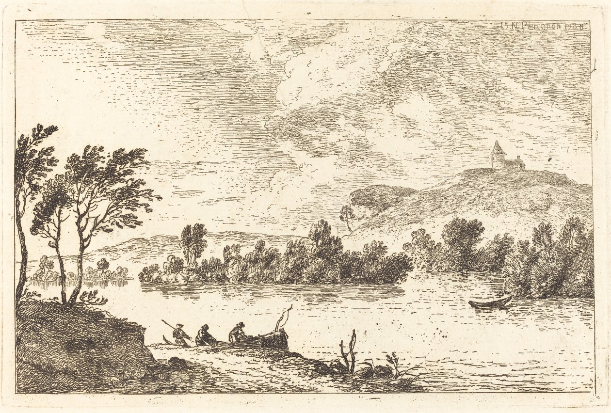 Paysage fluvial avec personnages et bateau au bord de l