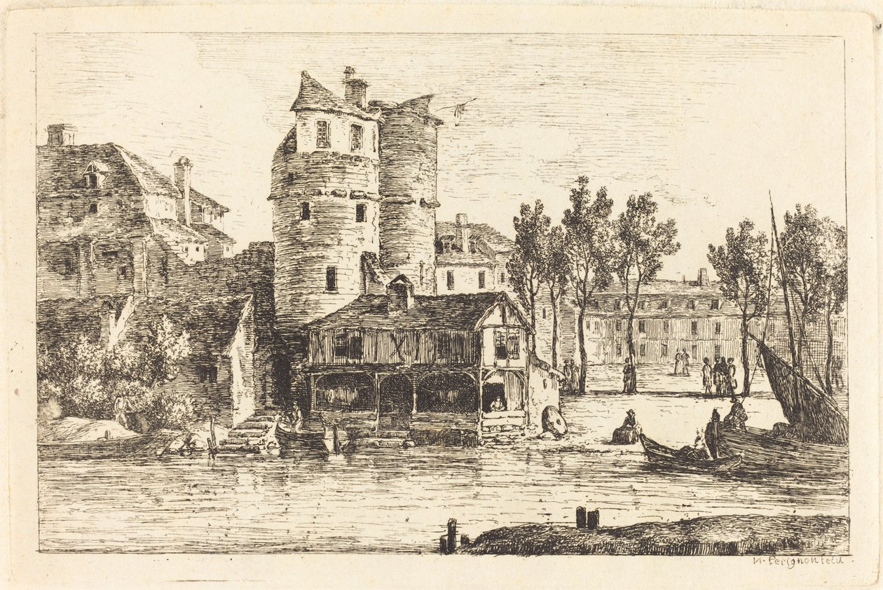 Ville sur une rive avec deux tours rondes - Nicolas Perignon