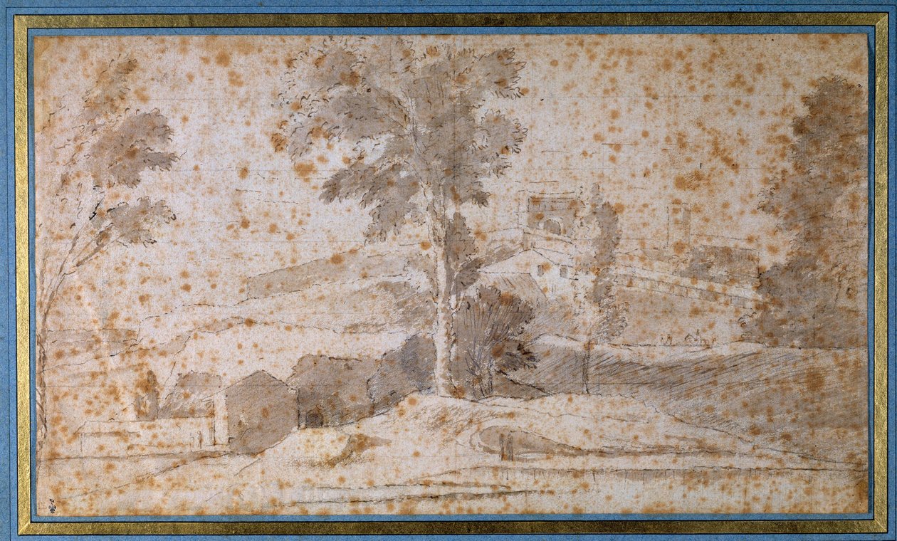 Paysage avec un grand arbre au centre et un belvédère - Nicolas Poussin