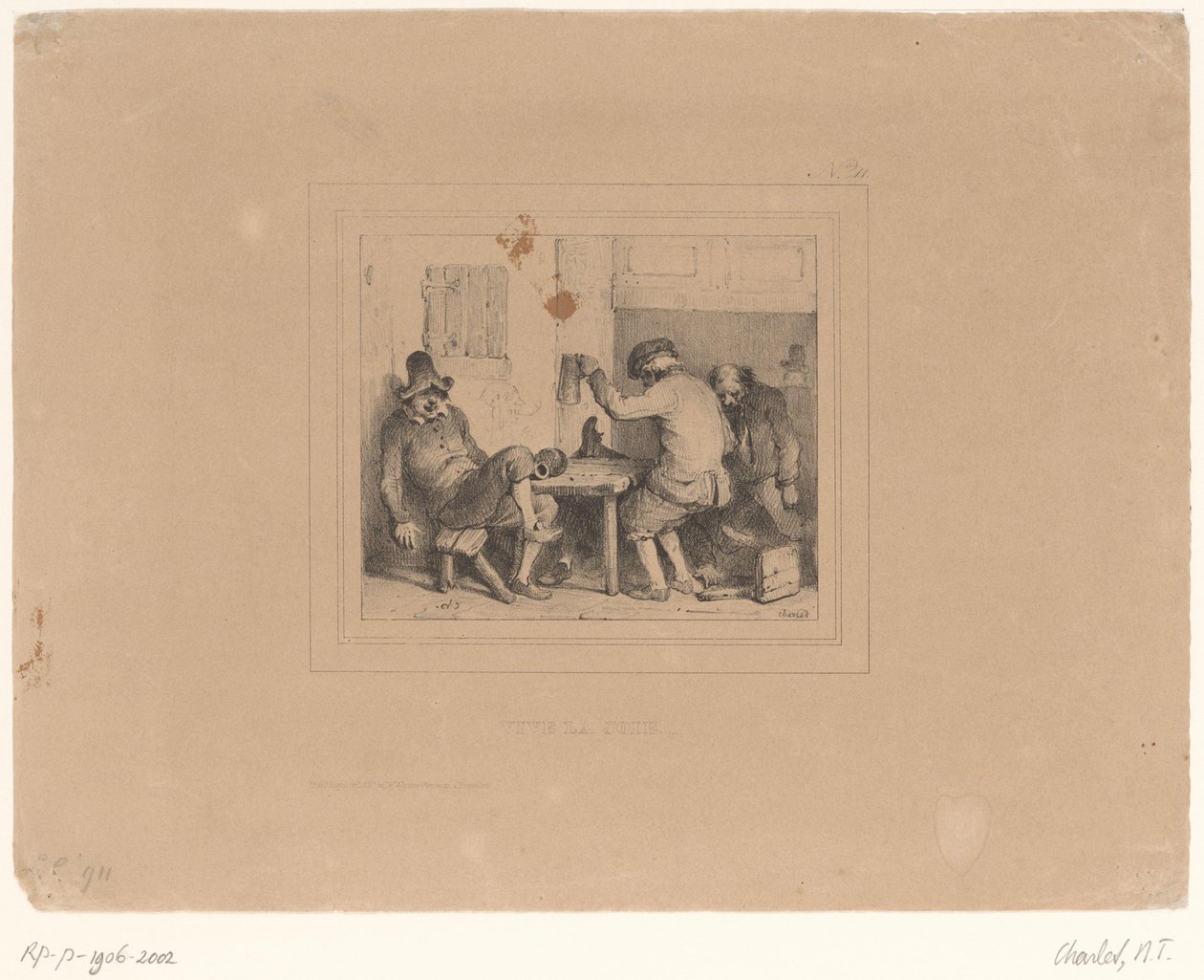 Trois paysans ivres dans une taverne (Vive la joie, Schetsen 1837, Croquis par Charlet 1837) - Nicolas Toussaint Charlet