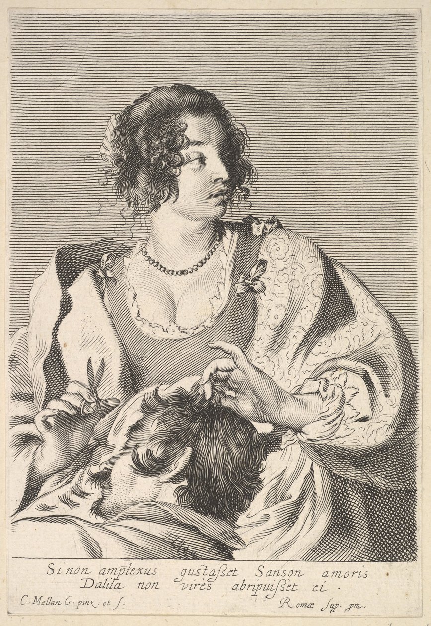 Dalila se préparant à couper les cheveux de Samson avec des ciseaux dans sa main droite - Nicolas Viennot