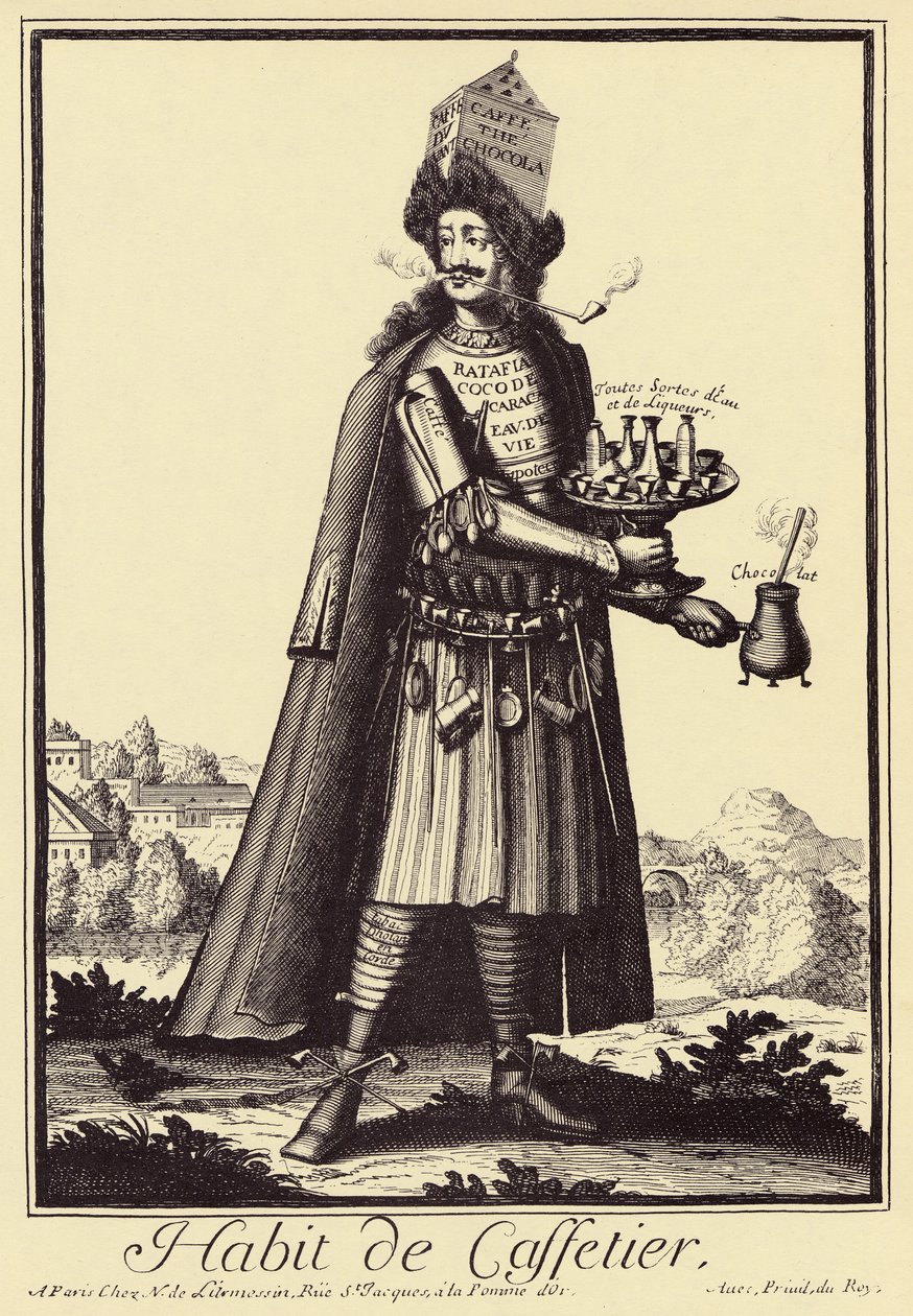 Caffettier : "Habit de Caffettier" (Cafetier ou marchand de café, chocolat, thé, liqueurs) Dessin satirique tiré des 