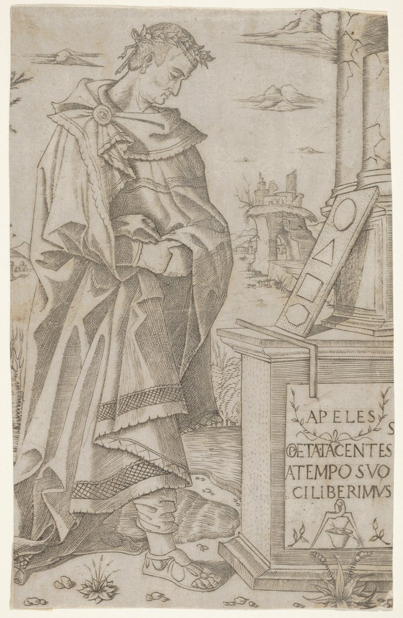 Apelles debout, de profil, regardant une tablette de figures géométriques - Nicoletto da Modena