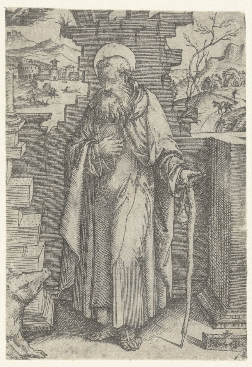 Saint Antoine le Grand avec une croix en tau et un cochon - Nicoletto da Modena