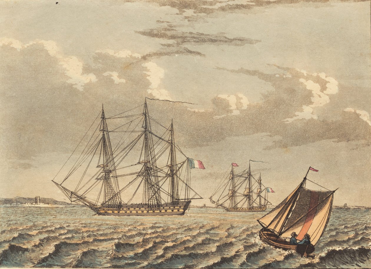 Navires de guerre français au mouillage, et un bateau traversant - Niels Truslew