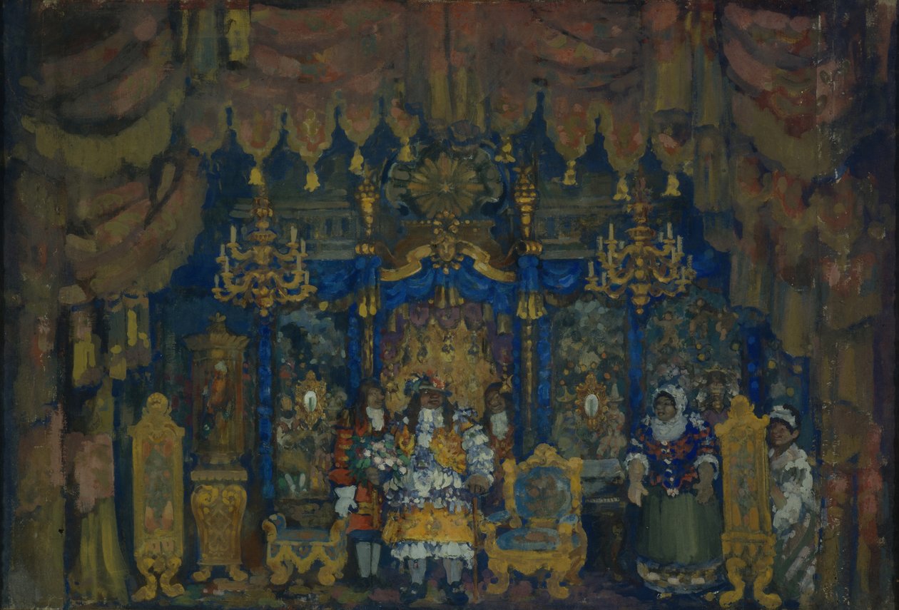 La chambre de Jourdain. Décor de scène pour la pièce de théâtre Le Bourgeois gentilhomme de J.-B. Molière, 1911 - Nikolaj Nikolaevic Sapunov