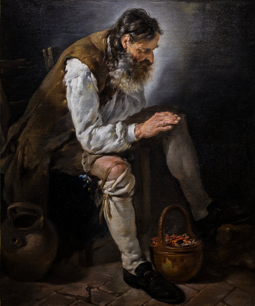 Hiver. Vieil homme se réchauffant les mains à un brasero, vers 1747 (Huile sur toile) - Noel Halle
