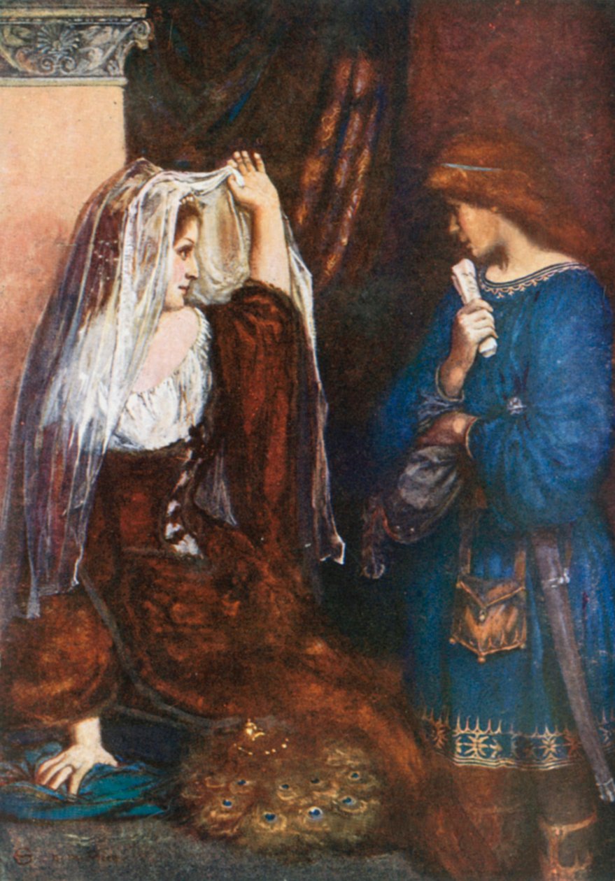 Olivia, "Mais nous allons tirer le rideau et vous montrer le tableau". La Nuit des Rois - Acte I, Scène 5 (lithographie couleur) - Norman Mills (after) Price