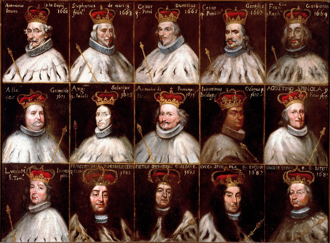 Blason de la République de Gênes et portraits des Doges. Antoniotto Invrea, Stefano de Mari, Cesare Durazzo, Cesare Gentile, Francesco Garbarino, Alessandro Grimaldi, Agostino Saluzzo, Antonio Da Passano, Odon Giannettino, Agostino Spinola, Luca M - Northern Italian School