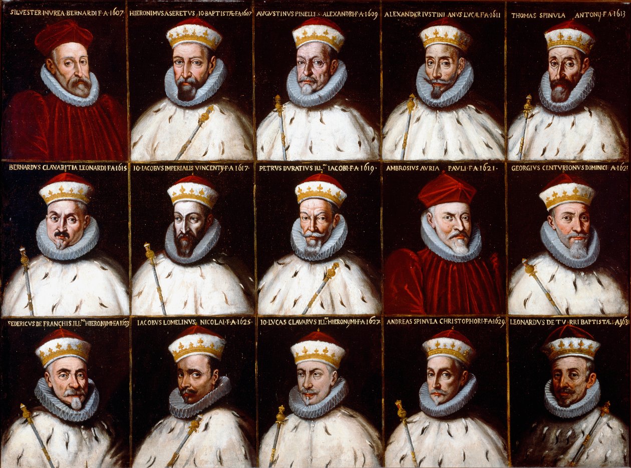 Armoiries de la République de Gênes et portraits des Doges. Silvestro Invrea, Gerolamo Assereto, Agostino Pinello Luciani, Alessandro Giustiniani Longo, Tomaso Spinola, Clavarezza Bernardo, Giovanni Giacomo Imperiale (Tartaro), Pietro Durazzo, Ambrogio - Northern Italian School