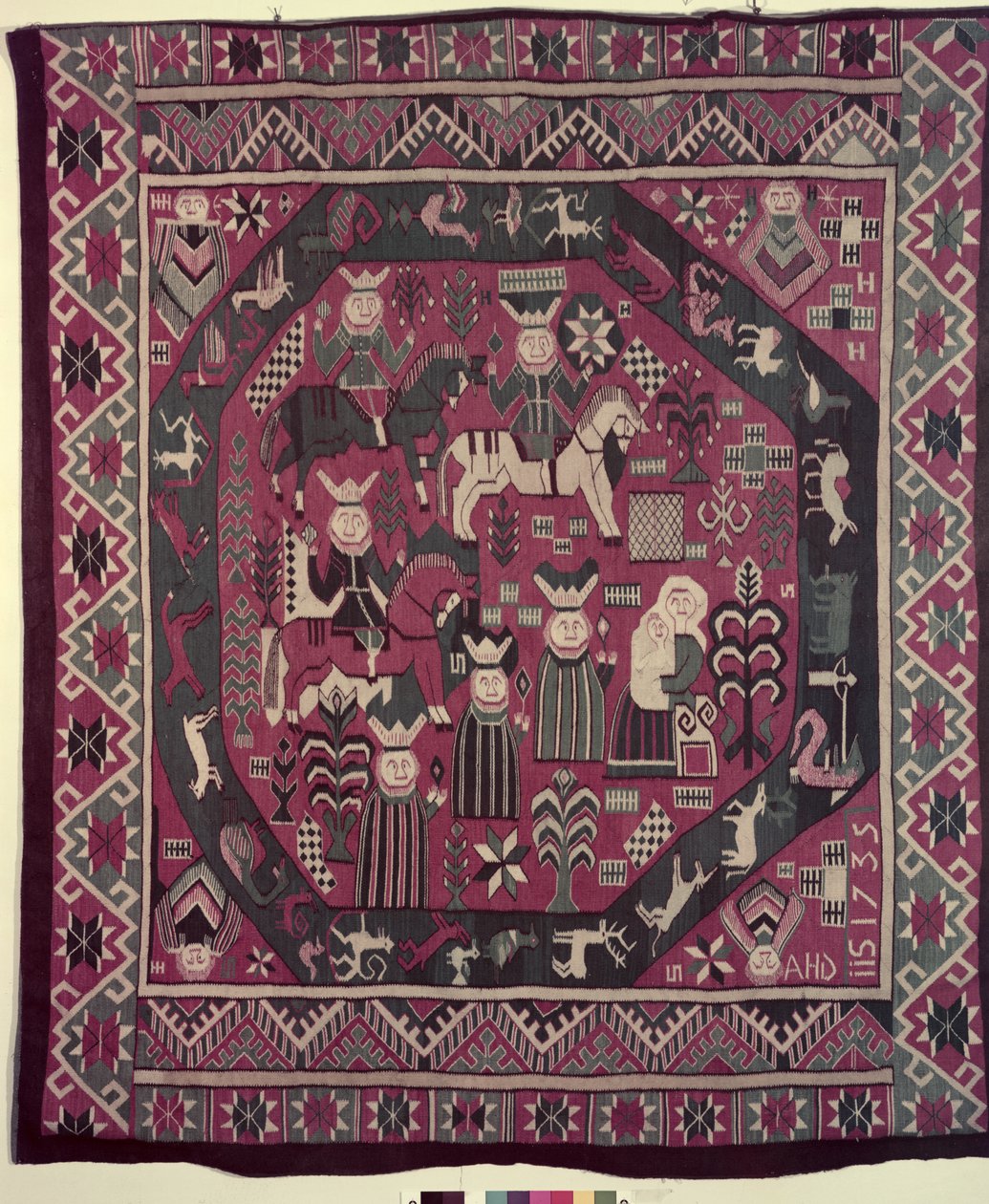 Tapis représentant des chevaliers, une mère avec son enfant et diverses autres figures, 1735 - Norwegian School