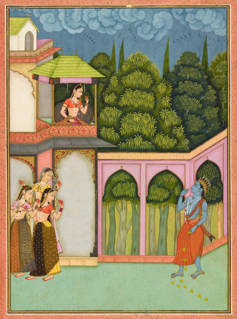 Krishna nähert sich Radha, Folio aus einem Rasikpriya von Nuruddin