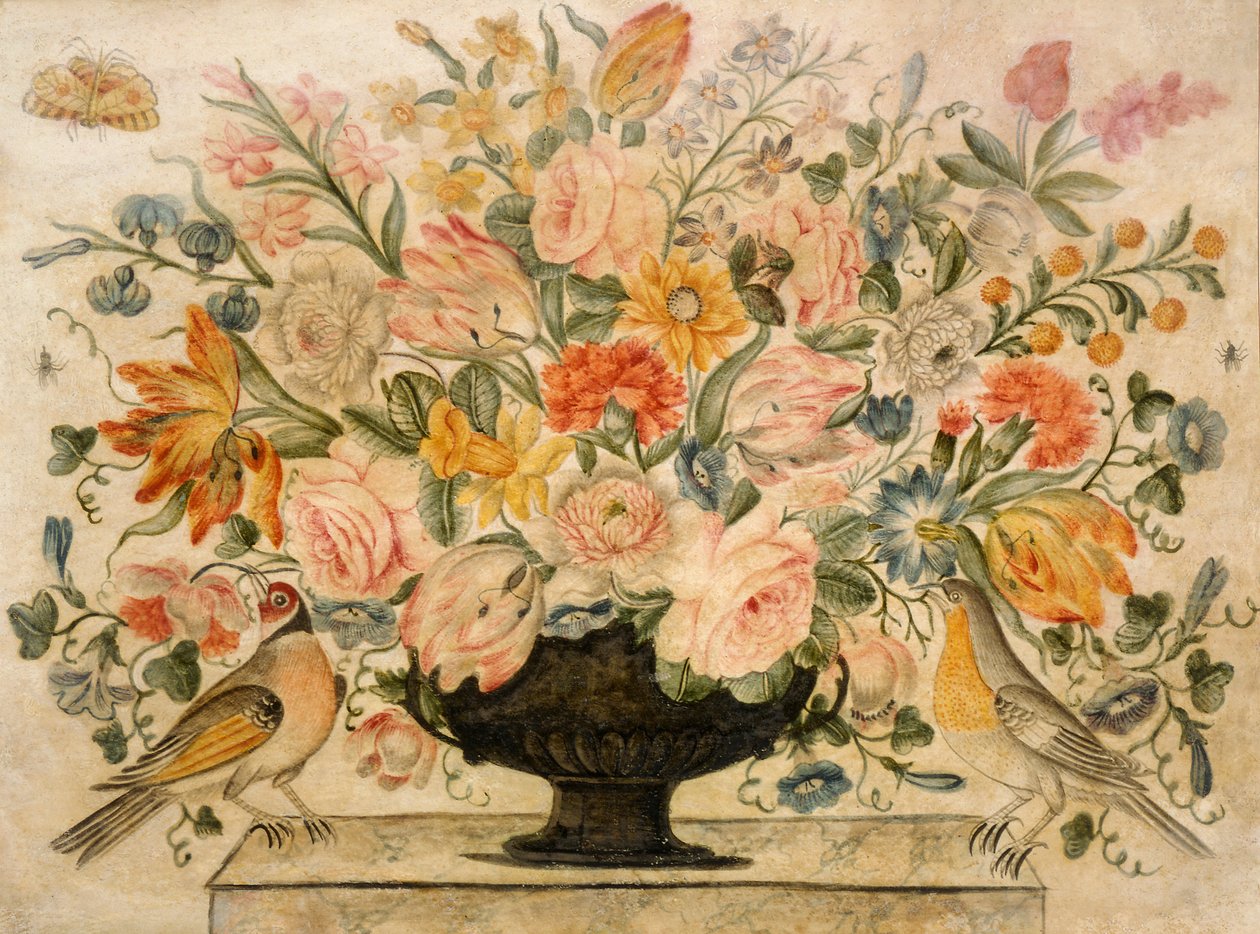 Une urne contenant des fleurs sur un rebord avec deux oiseaux, 1600 - Octavianus Montfort