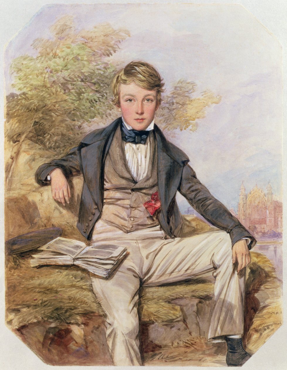 Portrait de Benjamin Gibbons assis, avec une vue du collège d