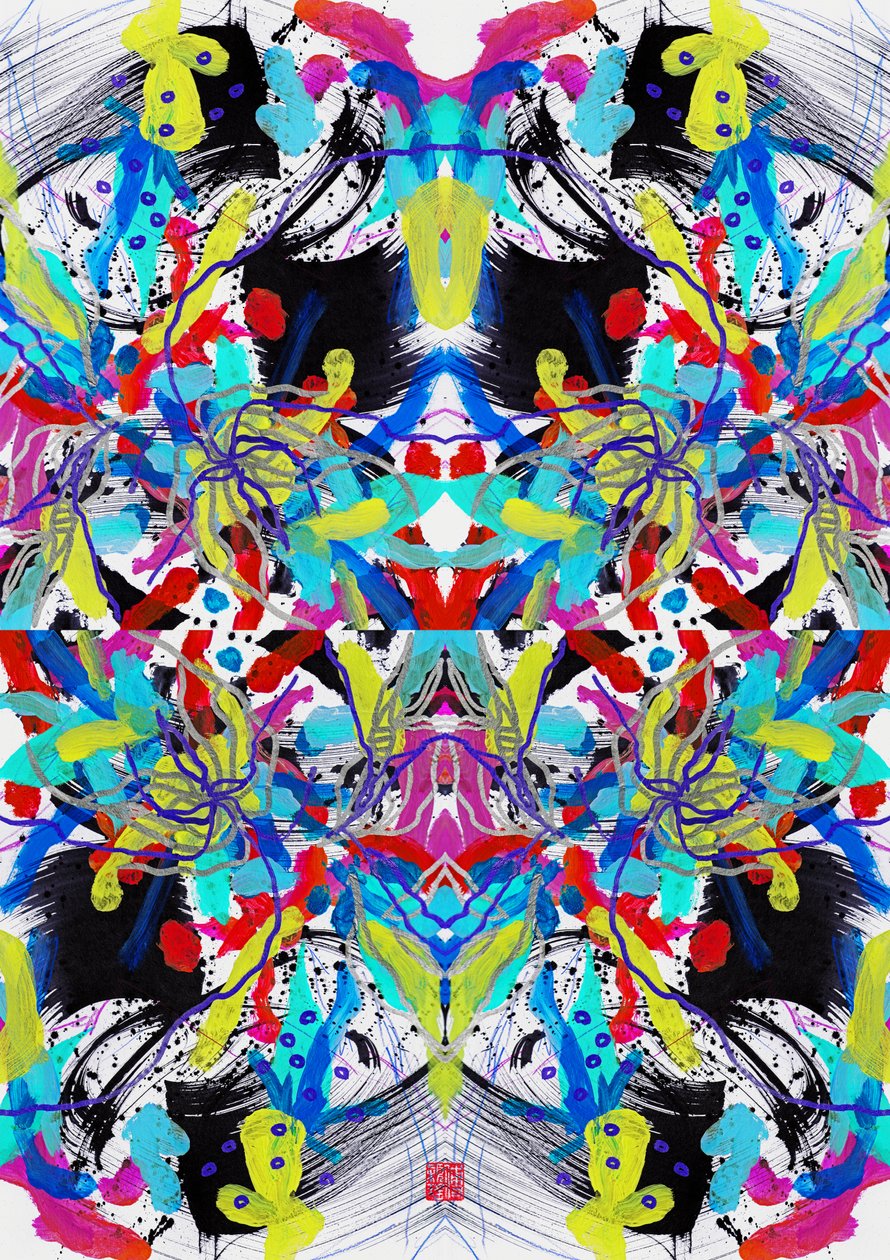 Motif floral bleu rouge jaune Zen, 2023 - Odilia W. Y. Fu