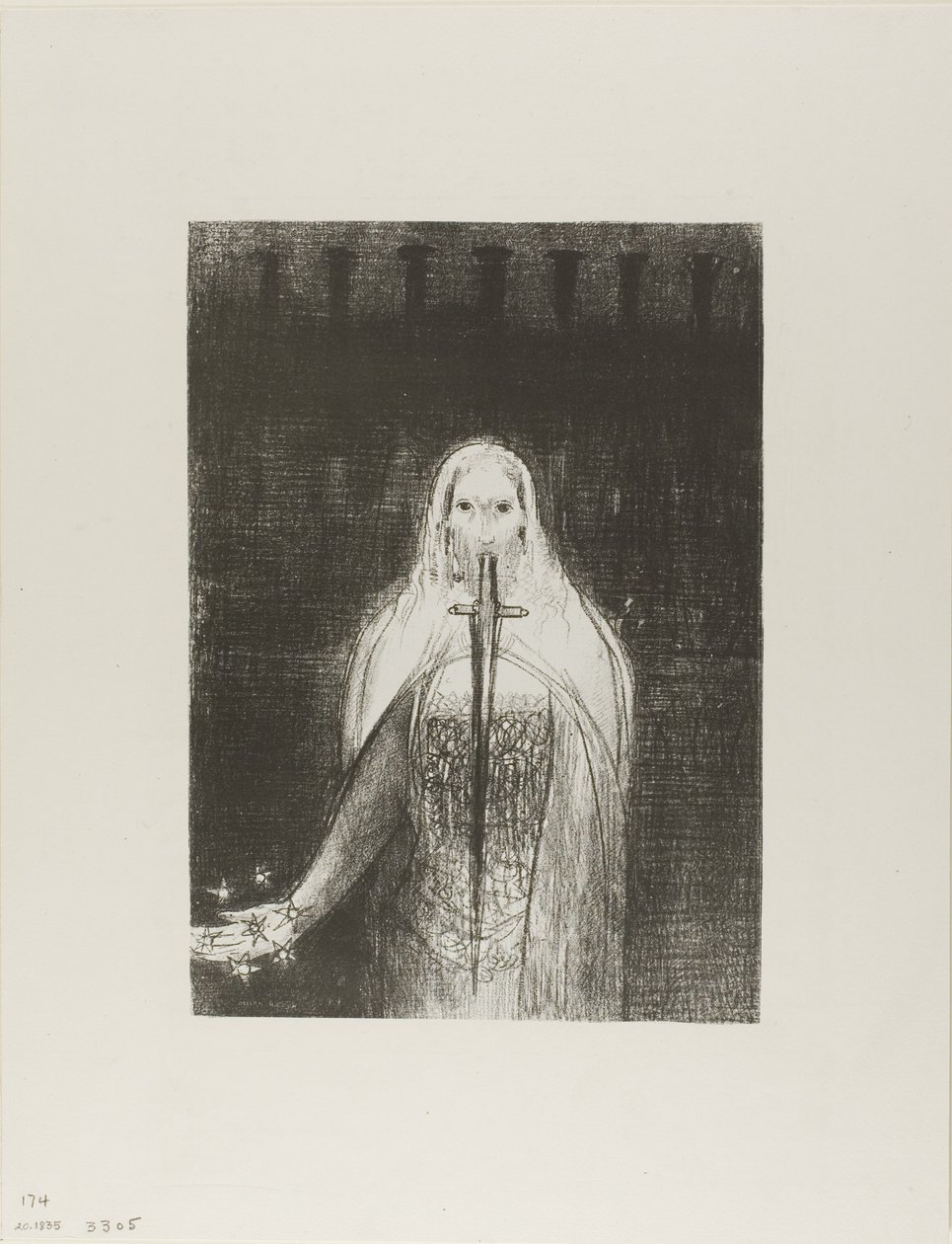 Et il avait dans sa main droite sept étoiles; et de sa bouche sortait une épée à deux tranchants, planche 1 de 12 - Odilon Redon