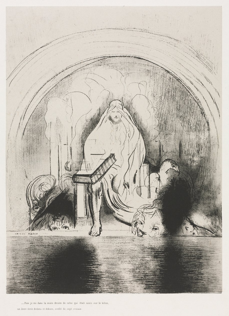 Et je vis dans la main droite de celui qui était assis sur le trône un livre écrit dedans et sur le dos, scellé de sept sceaux - Odilon Redon