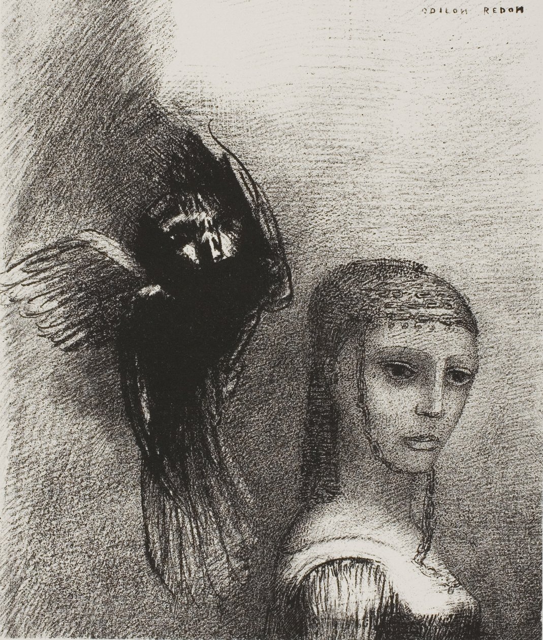 Et un grand oiseau, descendant du ciel, se jette contre le point le plus haut de ses cheveux, planche 3 de 10 - Odilon Redon