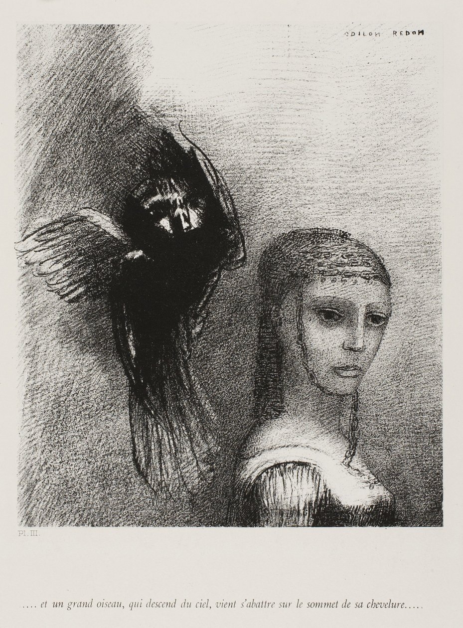 Et un grand oiseau, descendant du ciel, se jette contre le sommet de ses cheveux, planche 3 de 10, 1888 - Odilon Redon