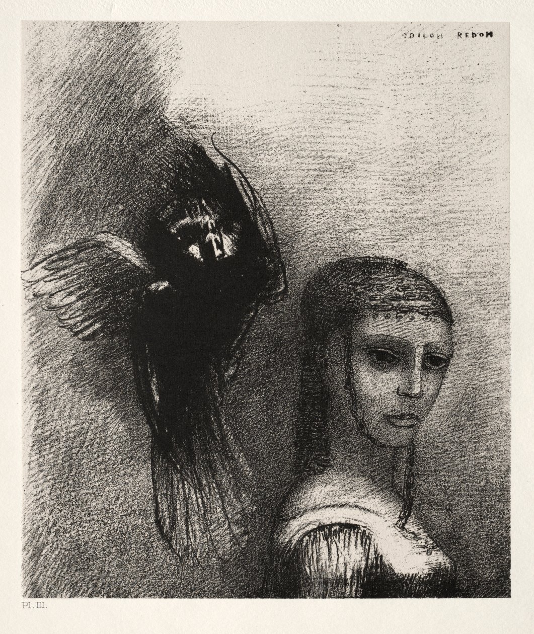 Et un grand oiseau, descendant du ciel, se jette contre le sommet de ses cheveux - Odilon Redon
