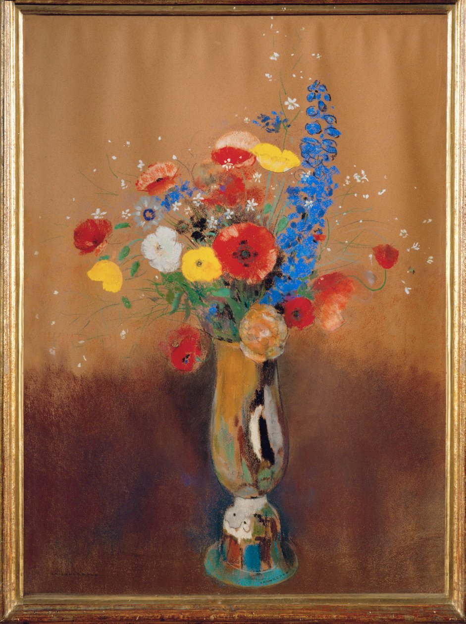 Bouquet de fleurs des champs dans un vase a long col (gouache) - Odilon Redon